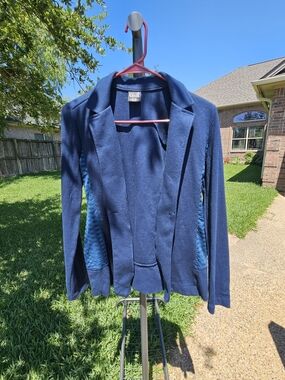 Navy Open-Front Knit Blazer with Textured Side Panels